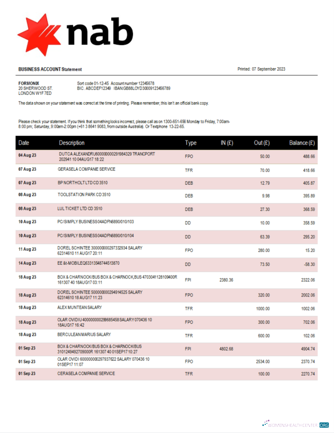 Download NAB Bank company account statement Word and PDF template Photoshop template